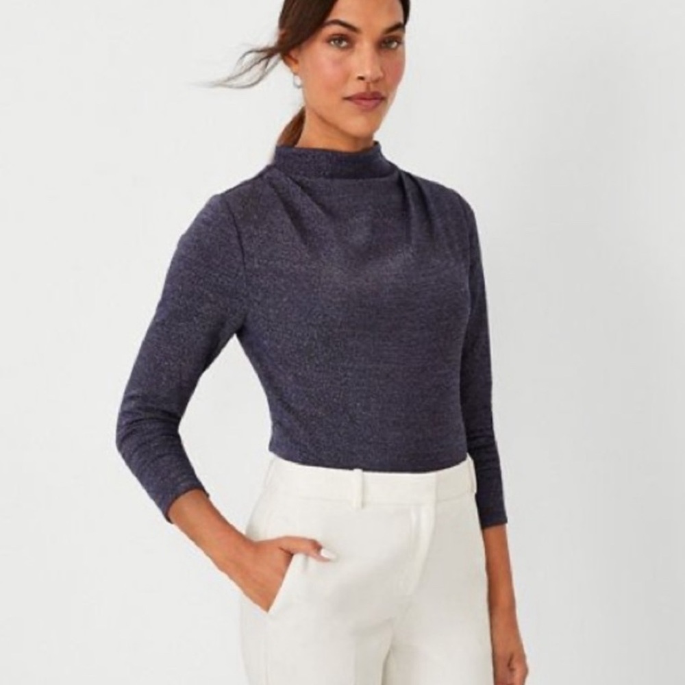 Ann Taylor Shimmer Draped Mock Neck Top Metallic Navy 597808